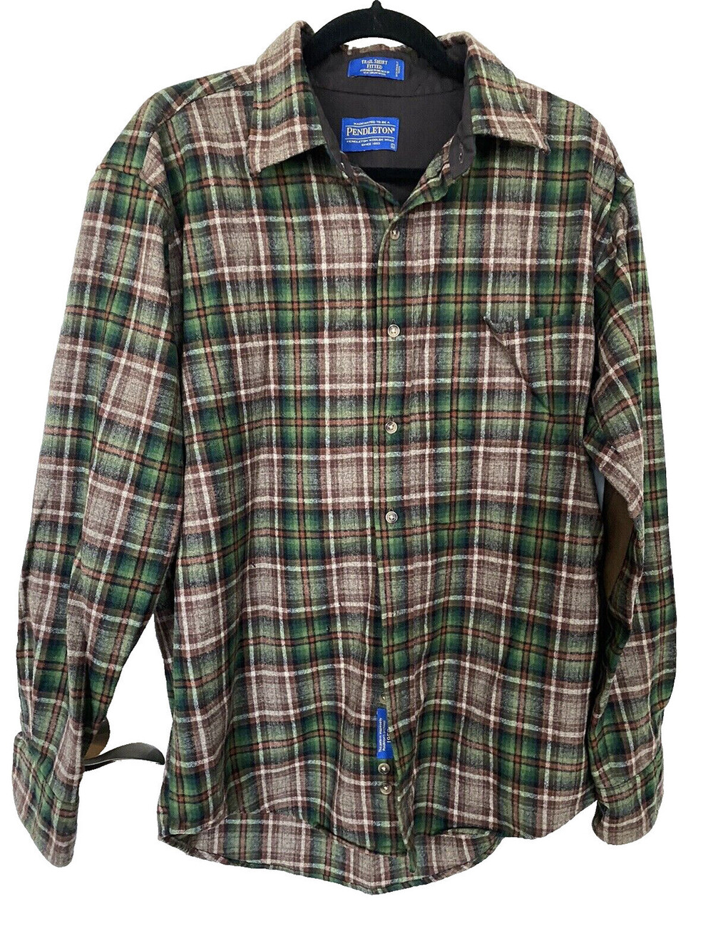 PENDLETON TRAIL SHIRT Fitted USA Virgin Wool Suede Elbow Patch Men's Size Large